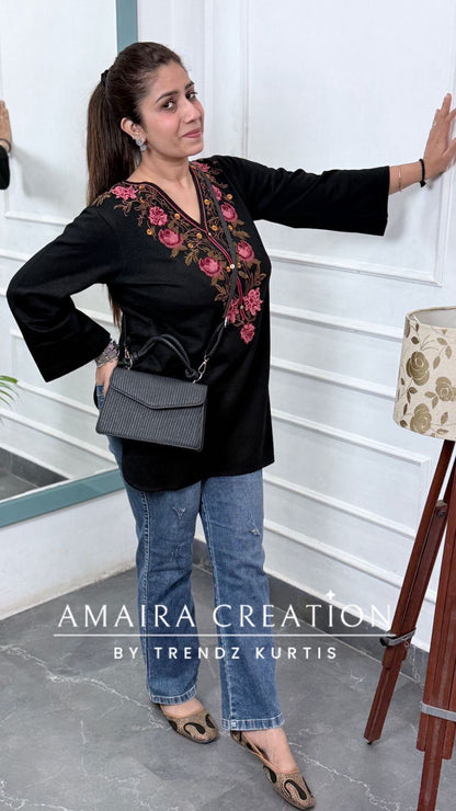 Premium Wool Black Thread Embroidered Short Kurti