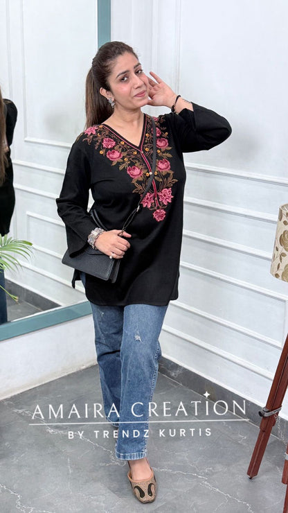 Premium Wool Black Thread Embroidered Short Kurti