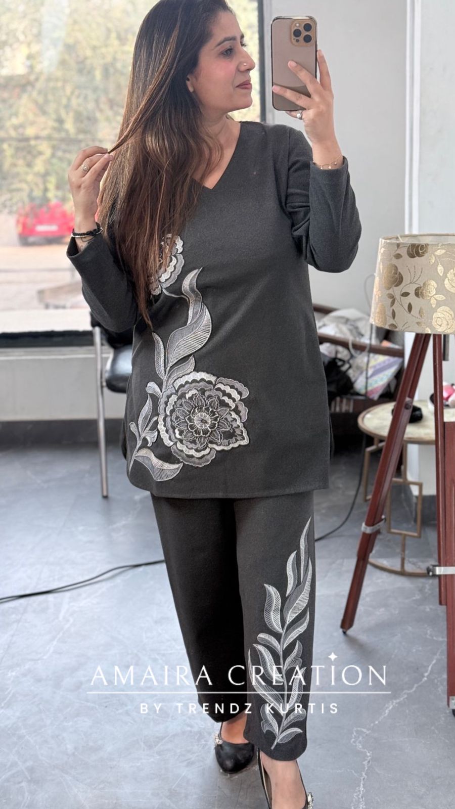 Premium Wool Grey Embroidered Cord Set