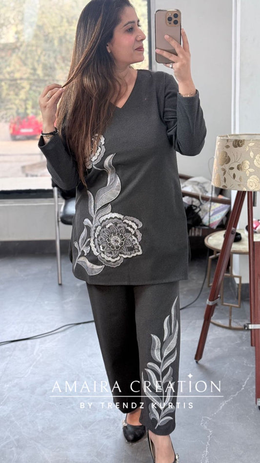 Premium Wool Grey Embroidered Cord Set