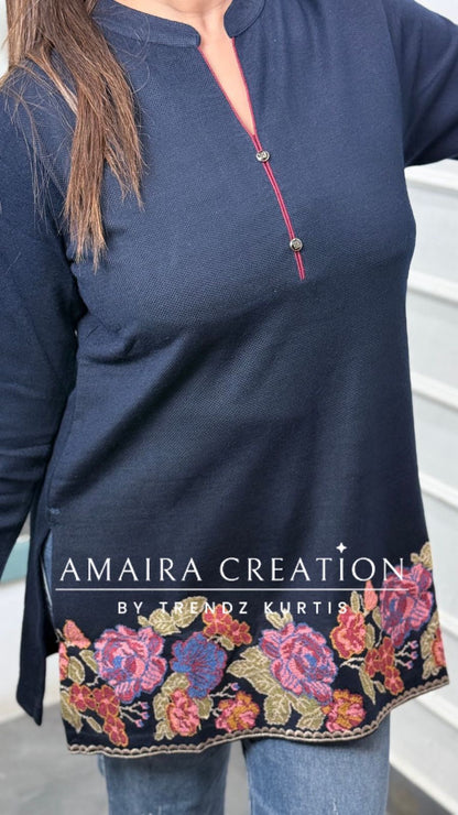 Premium Woolen Blue Colour Embroidered Short Kurti
