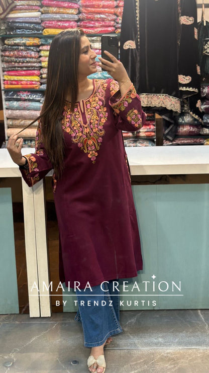 Premium Woolen Wine Colour Kashmiri Work Pheran
