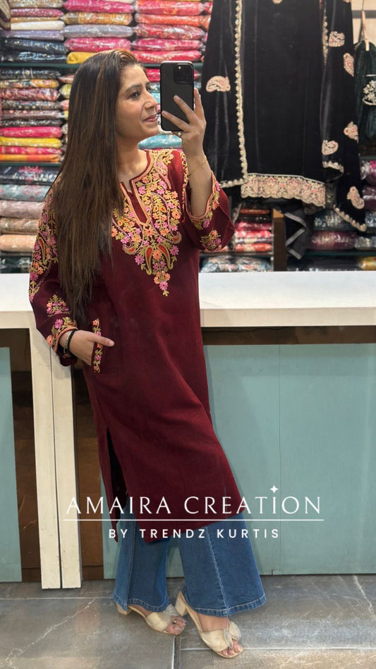 Premium Woolen Marron Colour Kashmiri Work Pheran