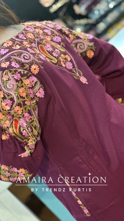 Premium Woolen Wine Colour Kashmiri Work Pheran
