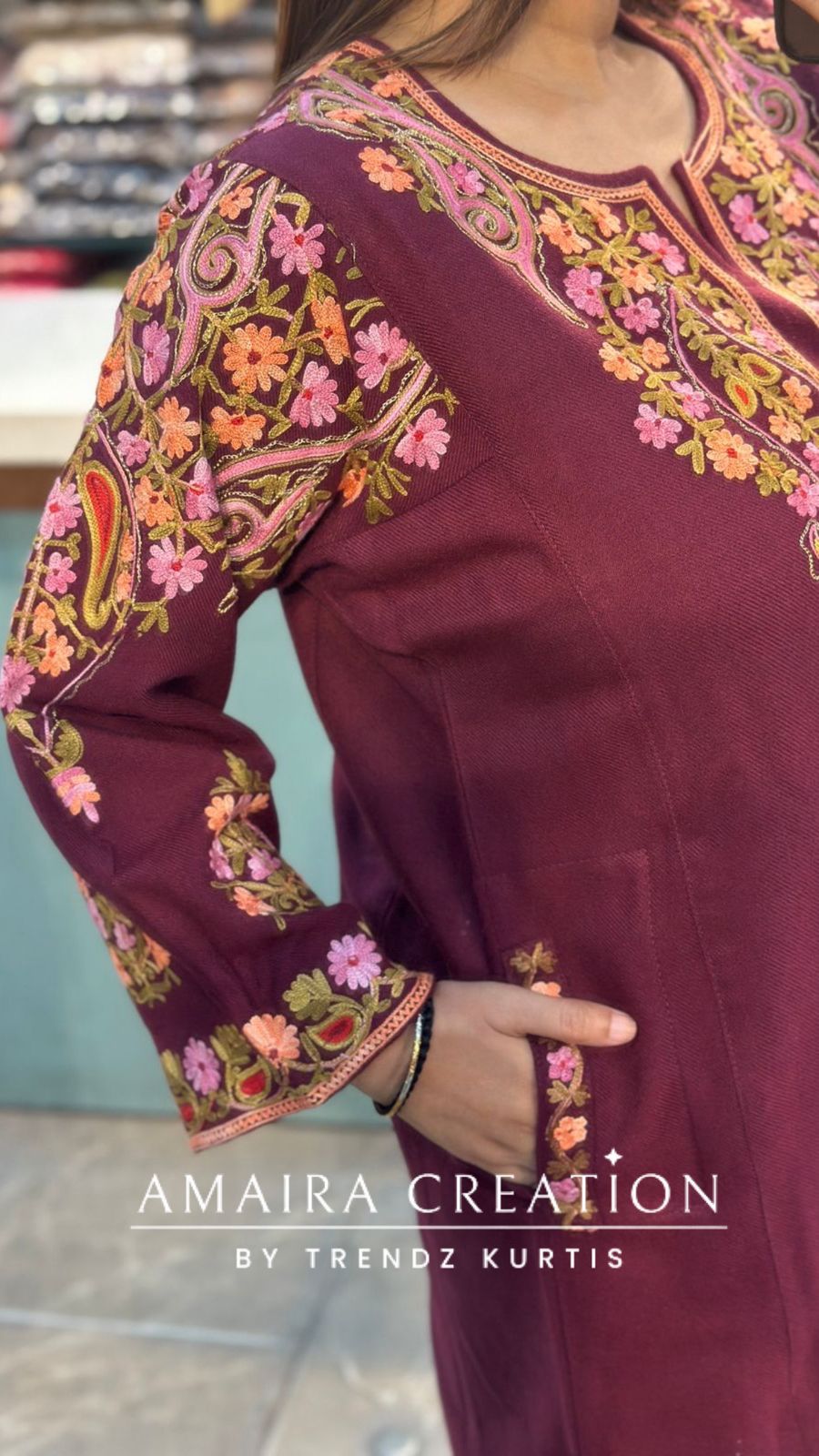 Premium Woolen Wine Colour Kashmiri Work Pheran