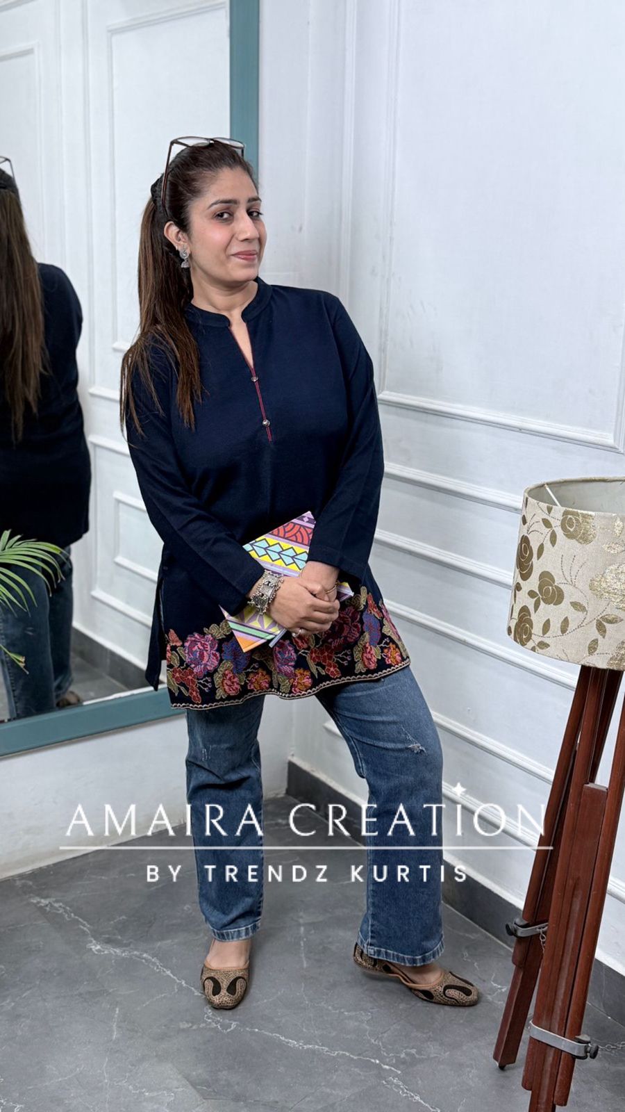 Premium Woolen Blue Colour Embroidered Short Kurti