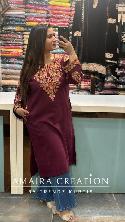 Premium Woolen Wine Colour Kashmiri Work Pheran