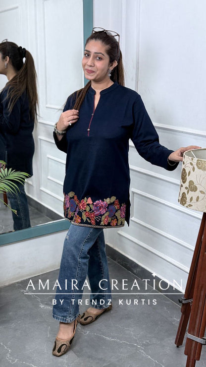 Premium Woolen Blue Colour Embroidered Short Kurti