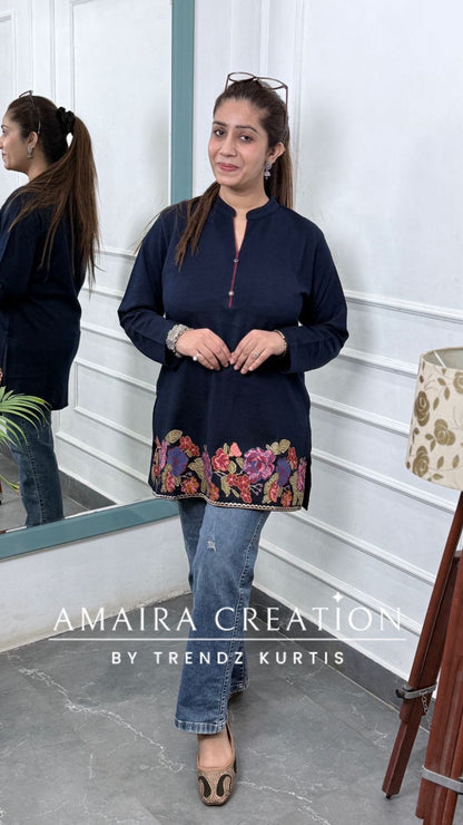 Premium Woolen Blue Colour Embroidered Short Kurti