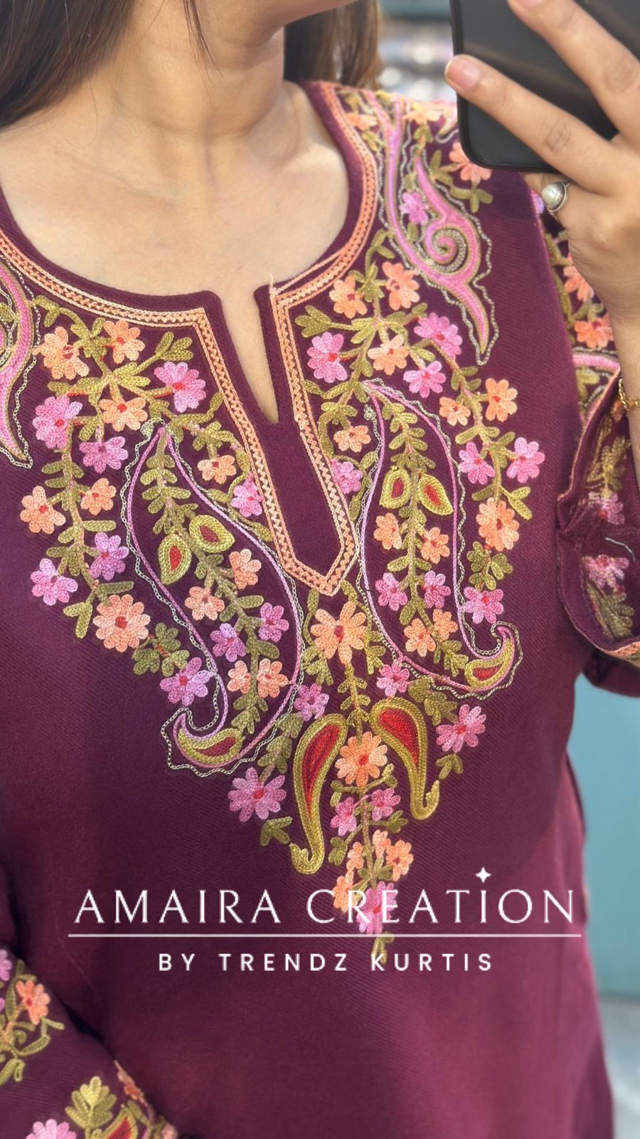 Premium Woolen Wine Colour Kashmiri Work Pheran