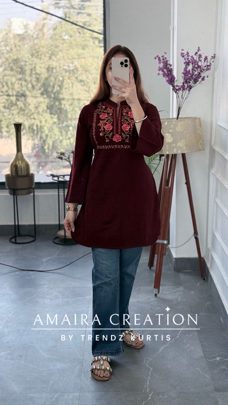 Premium Woolen MAROON Beautiful Embroidered Short Kurti