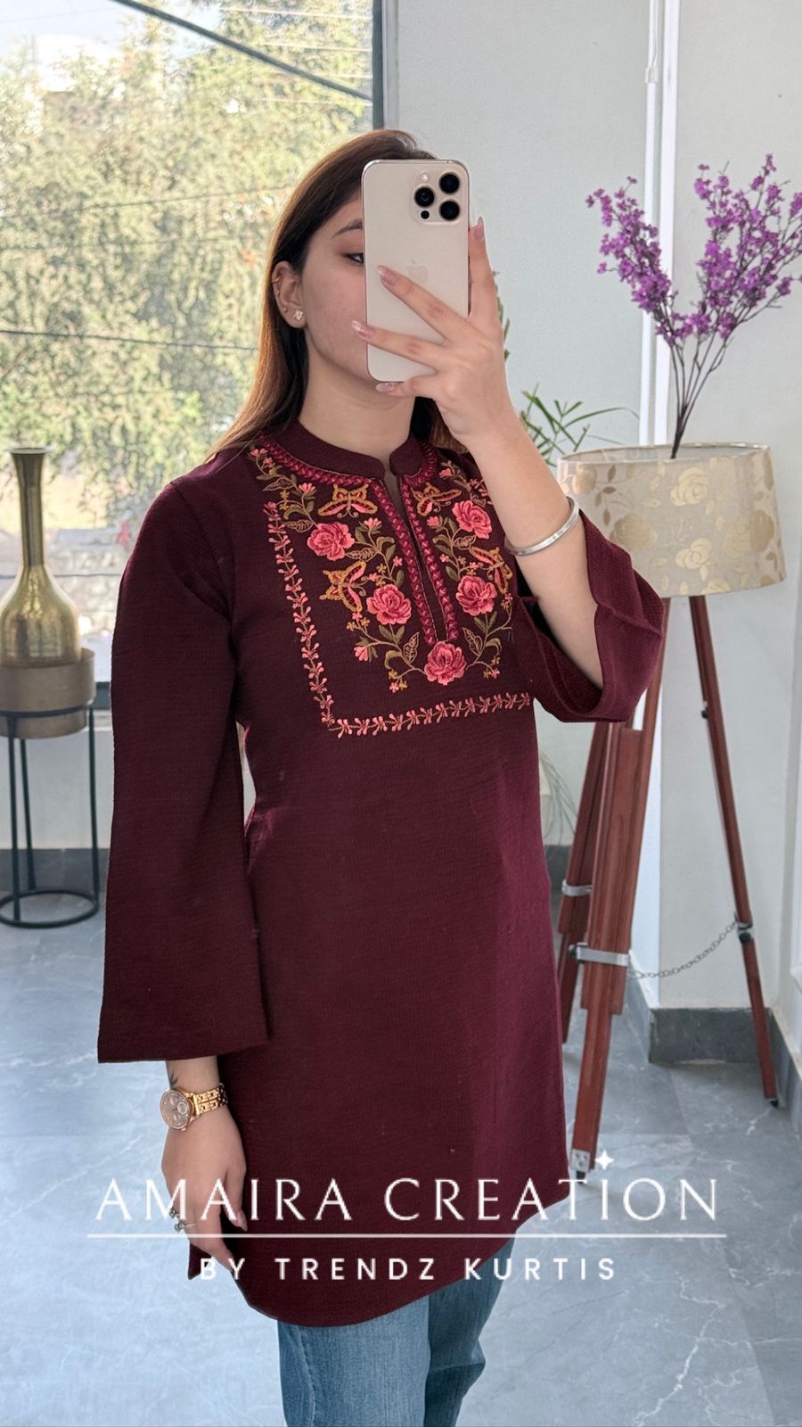Premium Woolen MAROON Beautiful Embroidered Short Kurti