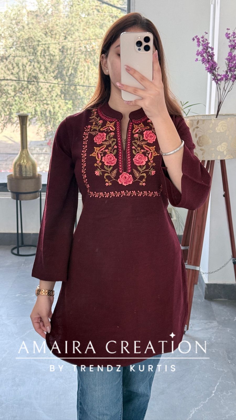 Premium Woolen MAROON Beautiful Embroidered Short Kurti