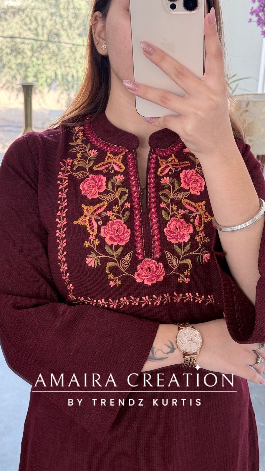 Premium Woolen MAROON Beautiful Embroidered Short Kurti