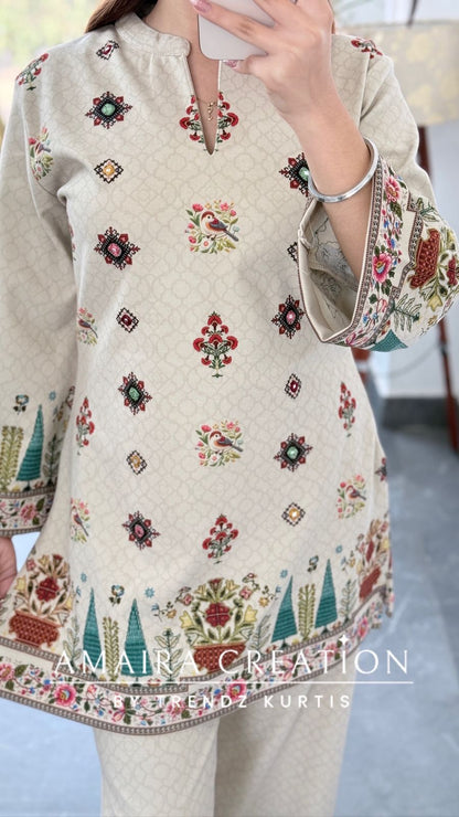 Premium Swat Wool Cream Colour Wonderful Detailing Cord Set