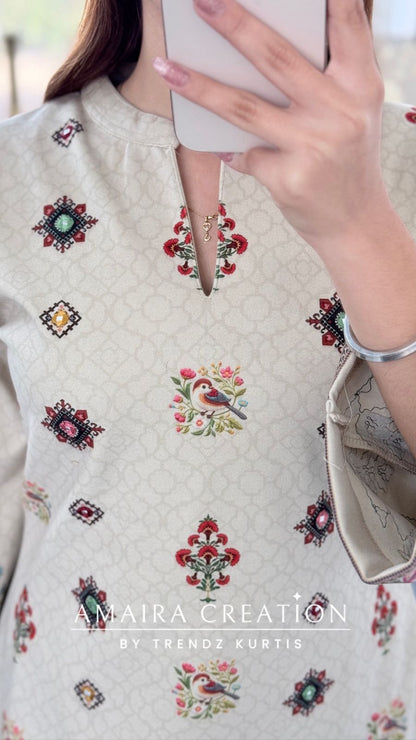 Premium Swat Wool Cream Colour Wonderful Detailing Cord Set