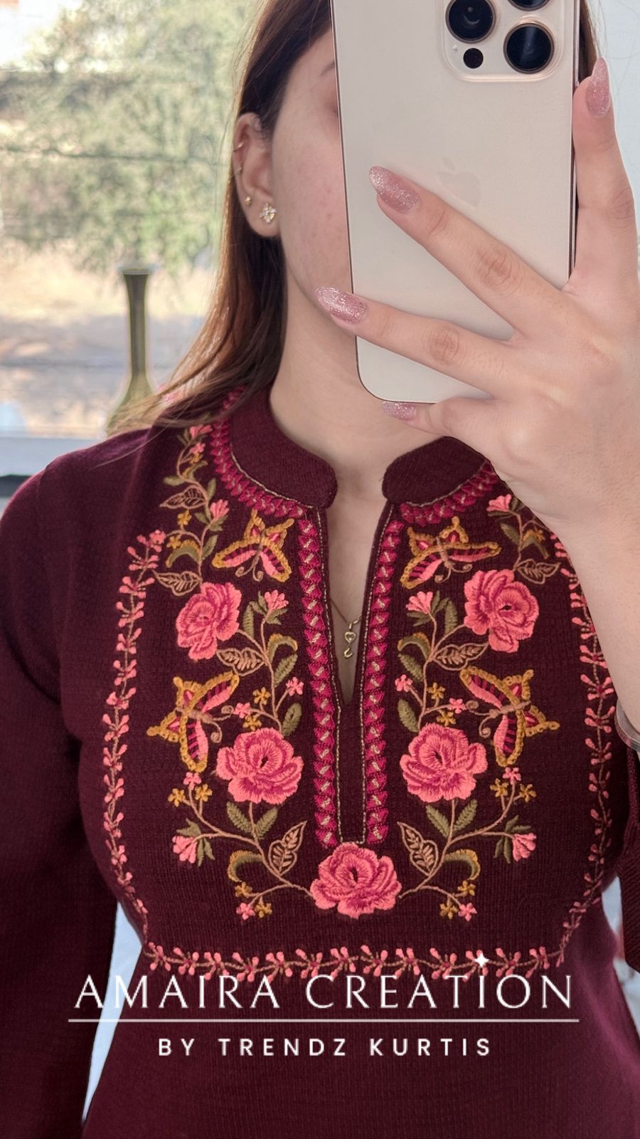 Premium Woolen MAROON Beautiful Embroidered Short Kurti