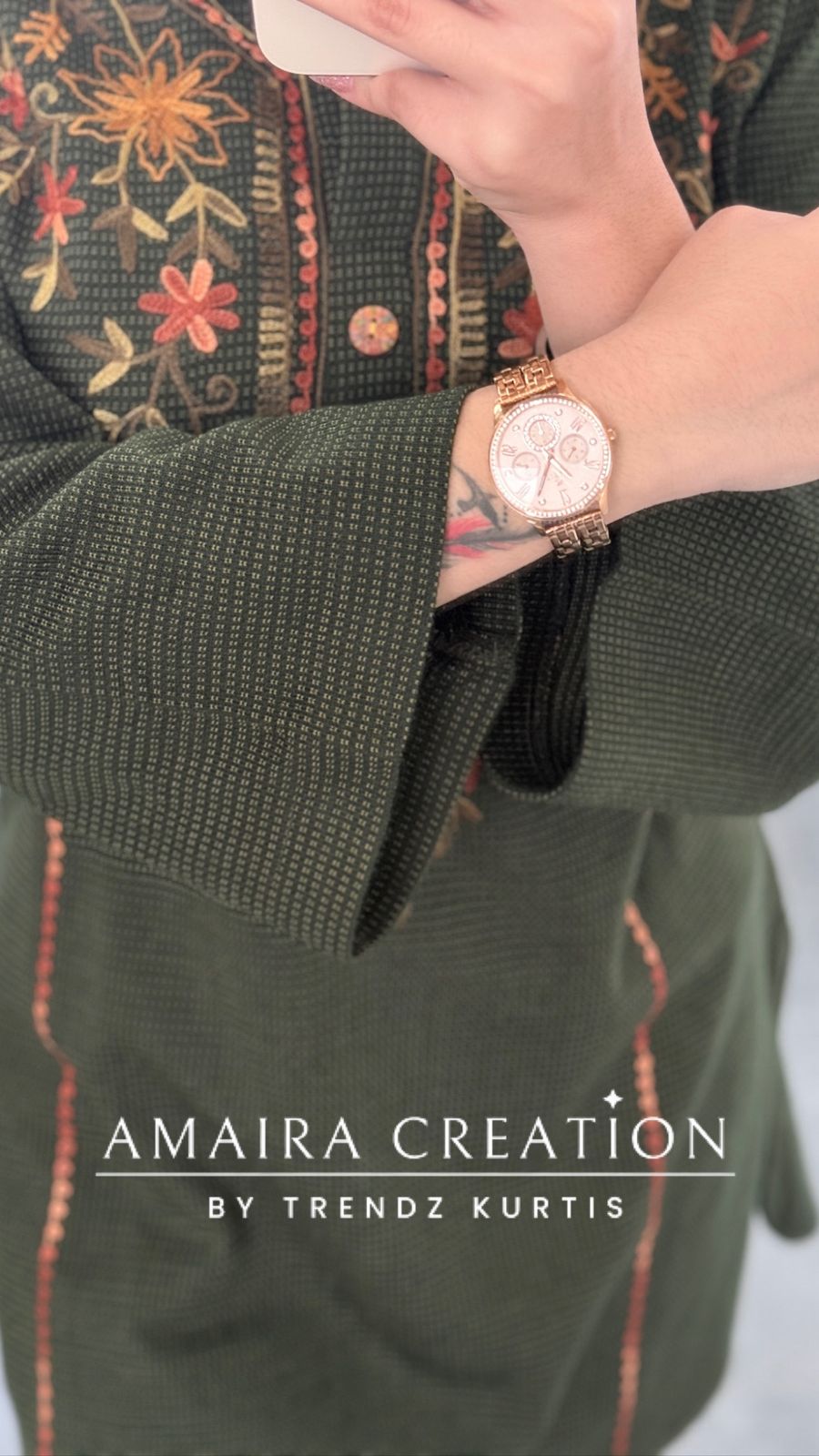 Premium Woolen Green Embroidered Short Kurti