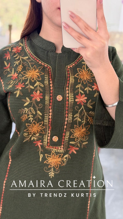 Premium Woolen Green Embroidered Short Kurti