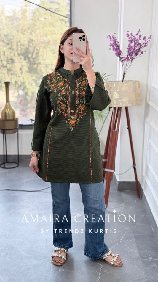 Premium Woolen Green Embroidered Short Kurti