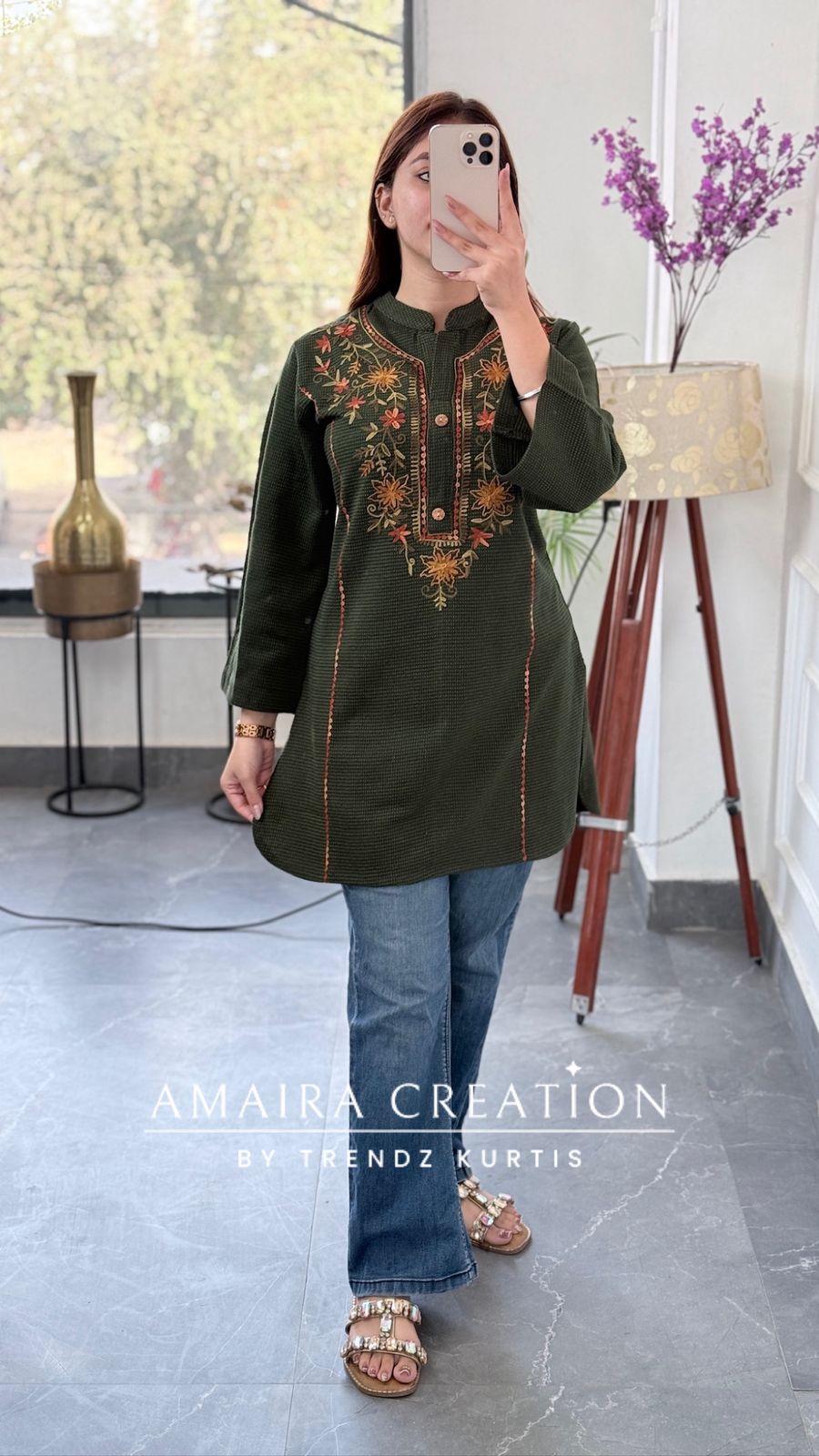 Premium Woolen Green Embroidered Short Kurti