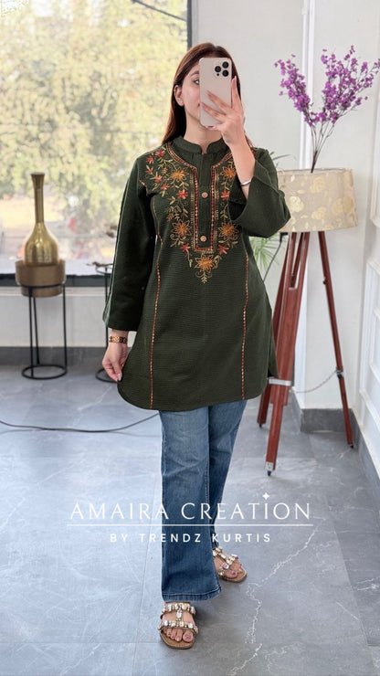 Premium Woolen Green Embroidered Short Kurti