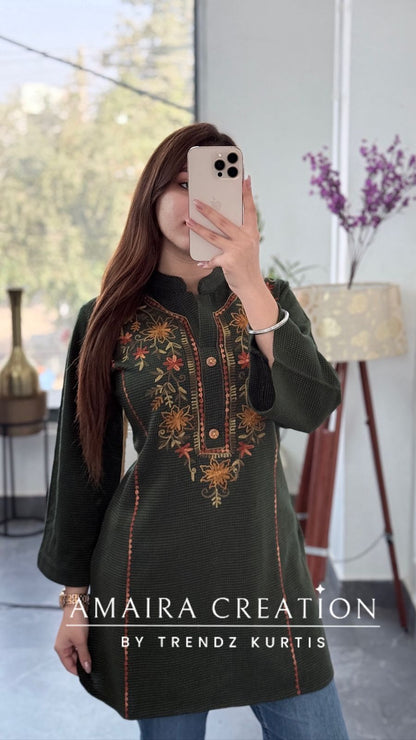 Premium Woolen Green Embroidered Short Kurti