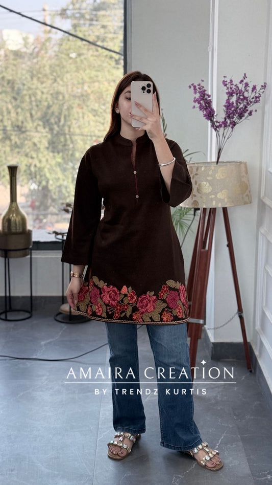Premium Woolen COFFEE Beautiful Embroidered Short Kurti