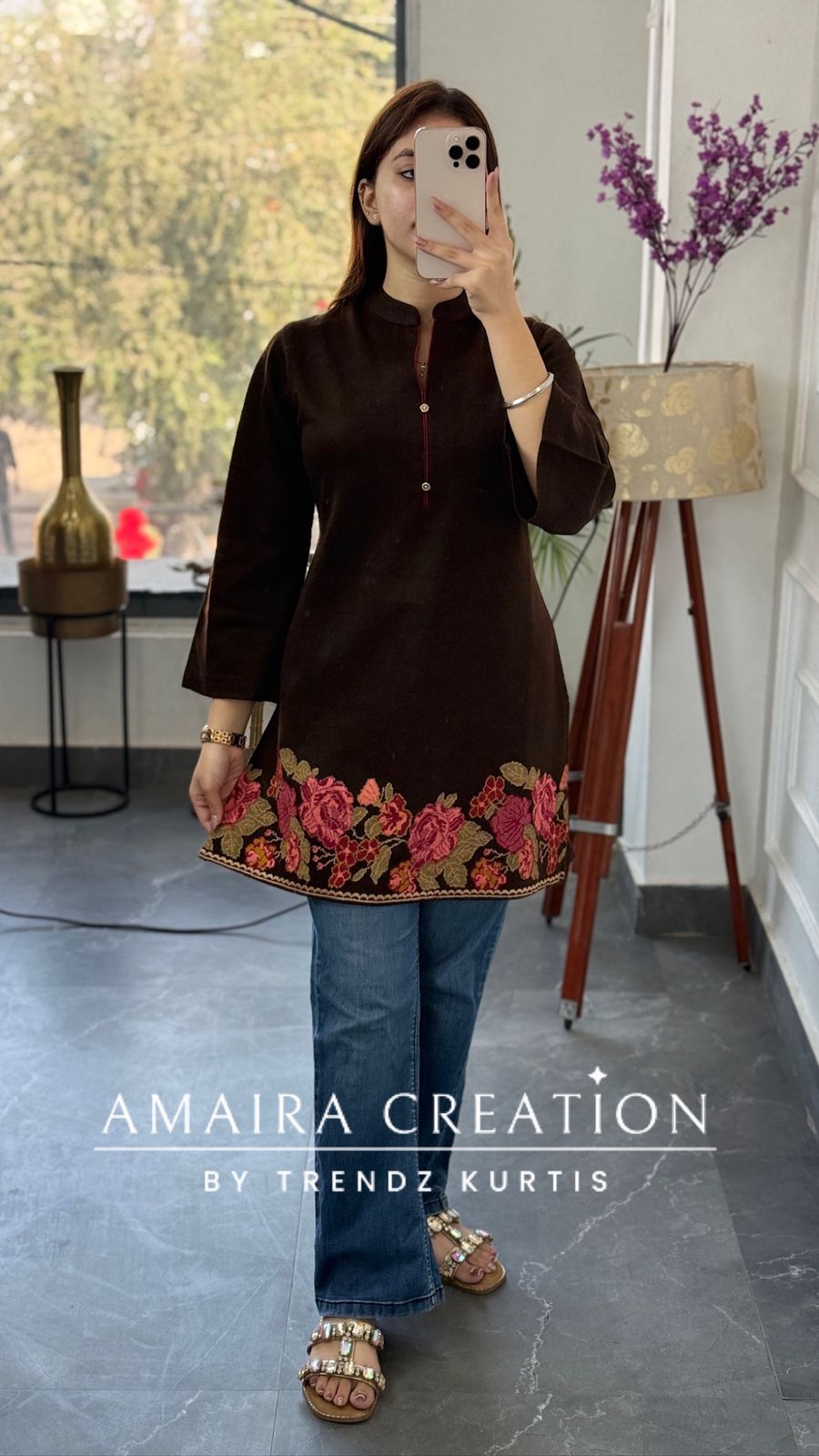 Premium Woolen COFFEE Beautiful Embroidered Short Kurti