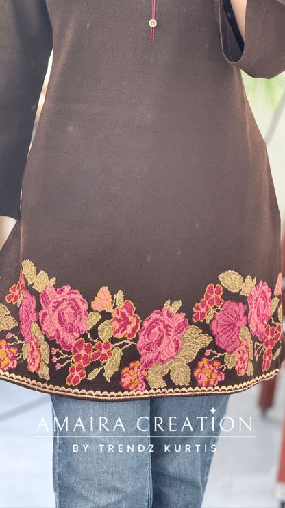 Premium Woolen COFFEE Beautiful Embroidered Short Kurti