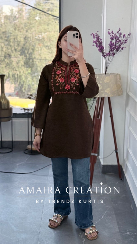 Premium Woolen Brown Beautiful Embroidered Short Kurti