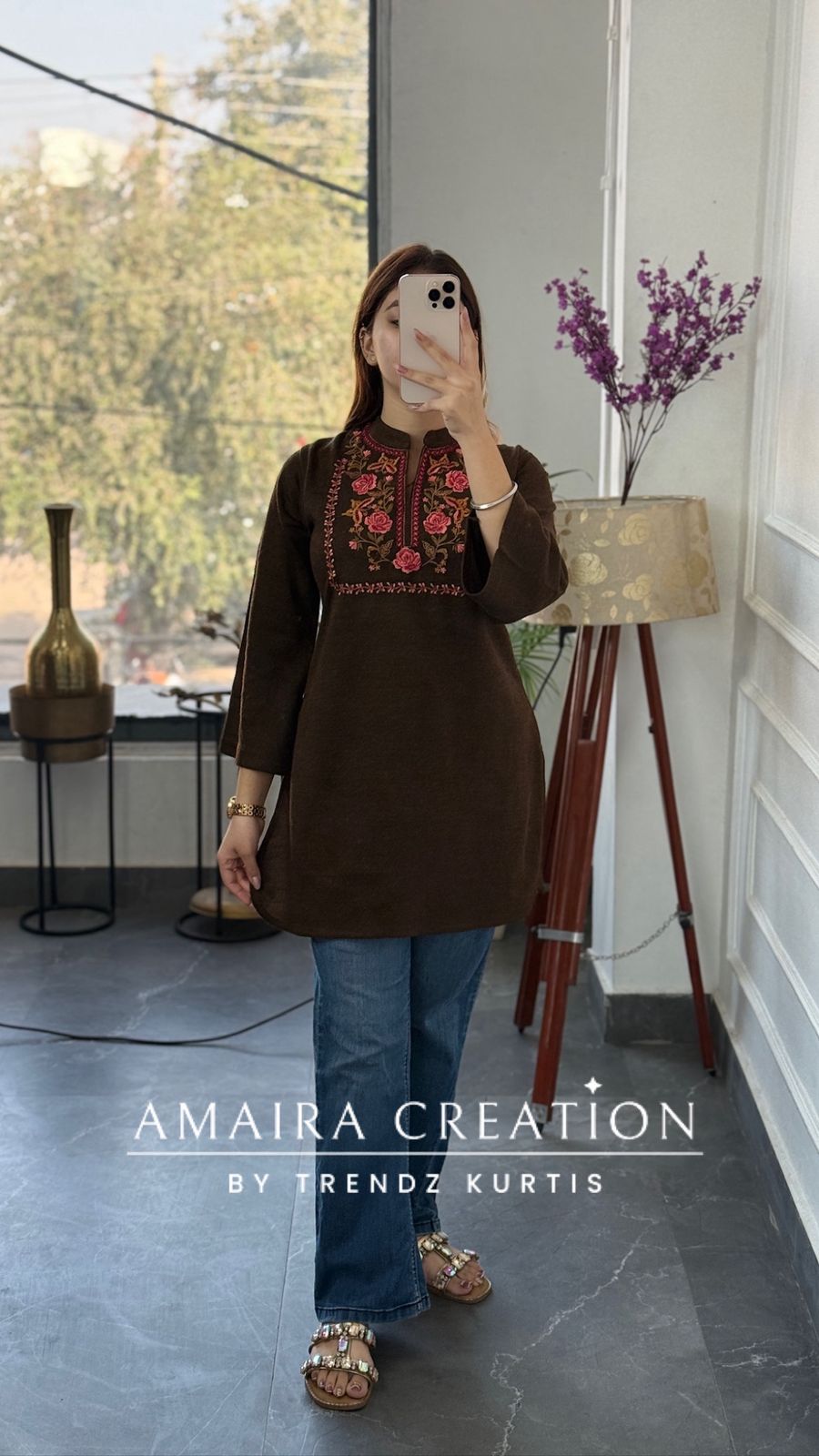 Premium Woolen Brown Beautiful Embroidered Short Kurti
