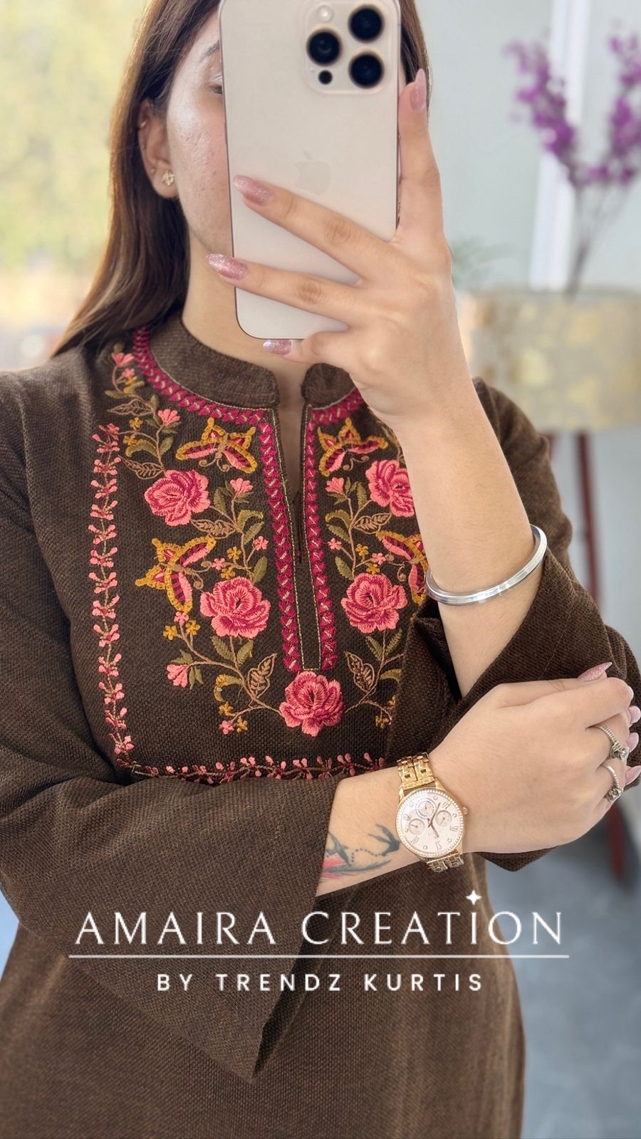 Premium Woolen Brown Beautiful Embroidered Short Kurti