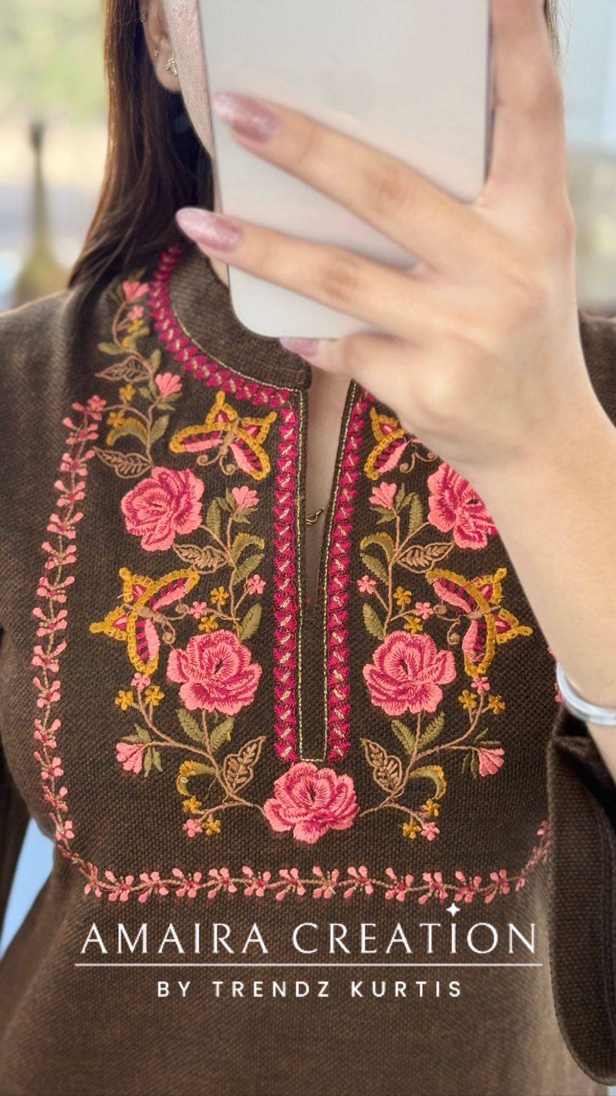 Premium Woolen Brown Beautiful Embroidered Short Kurti