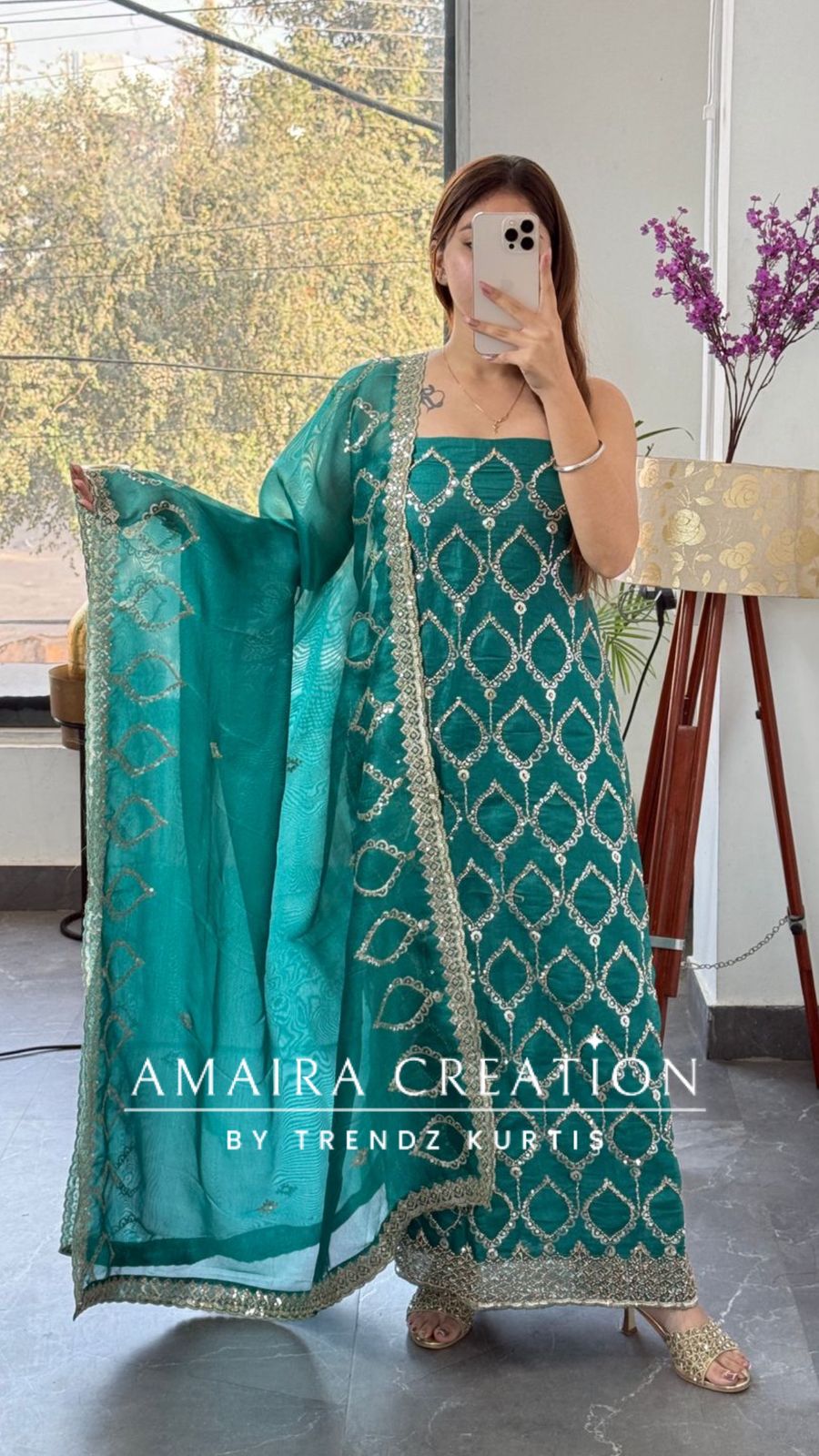 Premium Firozi Glass Tissue Full Cut Work Unstitch Suit