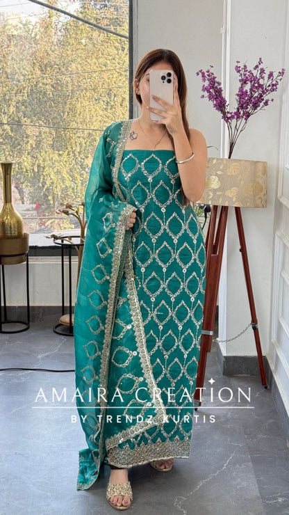 Premium Firozi Glass Tissue Full Cut Work Unstitch Suit