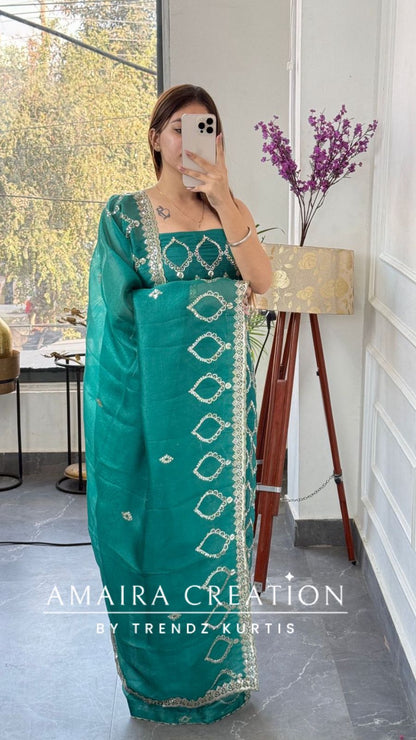 Premium Firozi Glass Tissue Full Cut Work Unstitch Suit