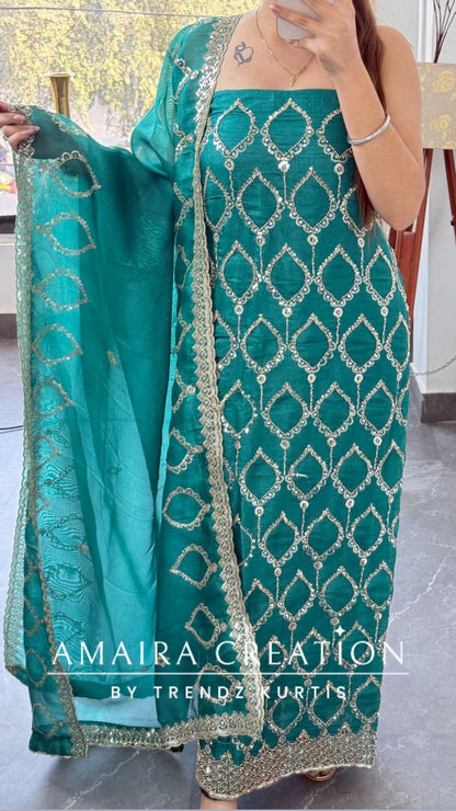 Premium Firozi Glass Tissue Full Cut Work Unstitch Suit