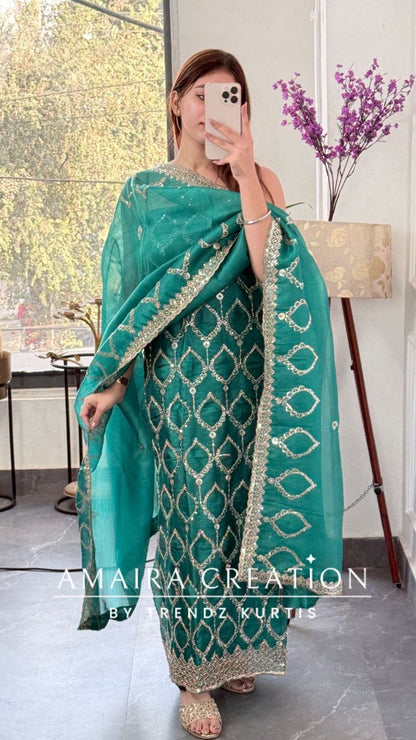 Premium Firozi Glass Tissue Full Cut Work Unstitch Suit