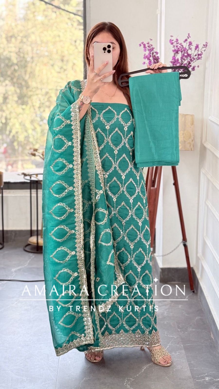 Premium Firozi Glass Tissue Full Cut Work Unstitch Suit