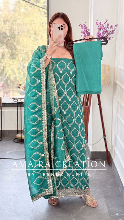 Premium Firozi Glass Tissue Full Cut Work Unstitch Suit