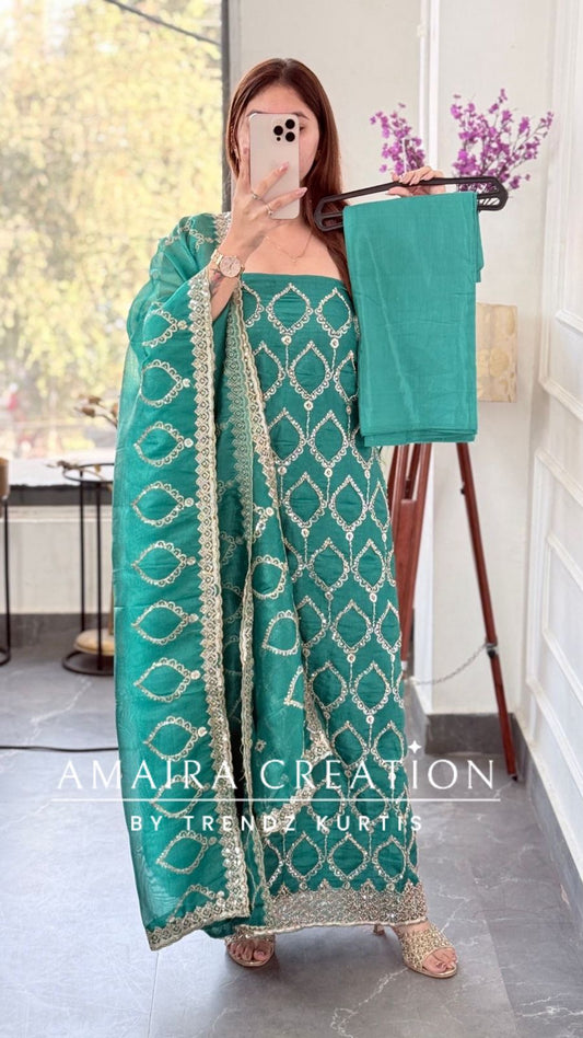 Premium Firozi Glass Tissue Full Cut Work Unstitch Suit