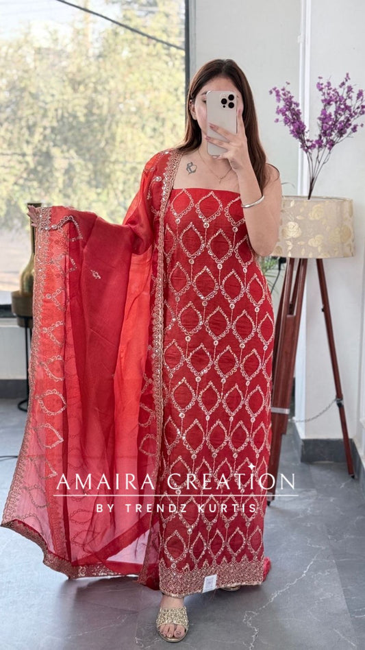 Premium Orange Glass Tissue Full Cut Work Unstitch Suit