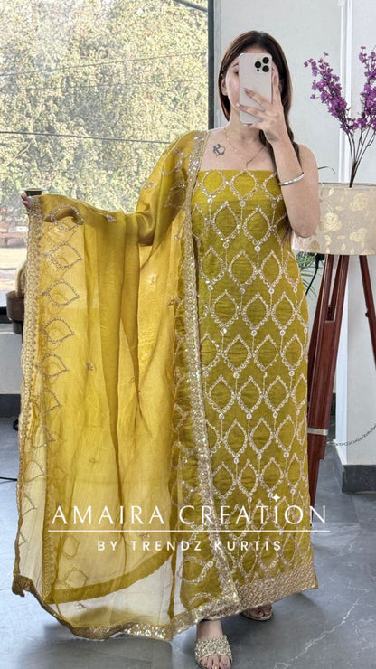 Premium mustard Glass Tissue Full Cut Work Unstitch Suit