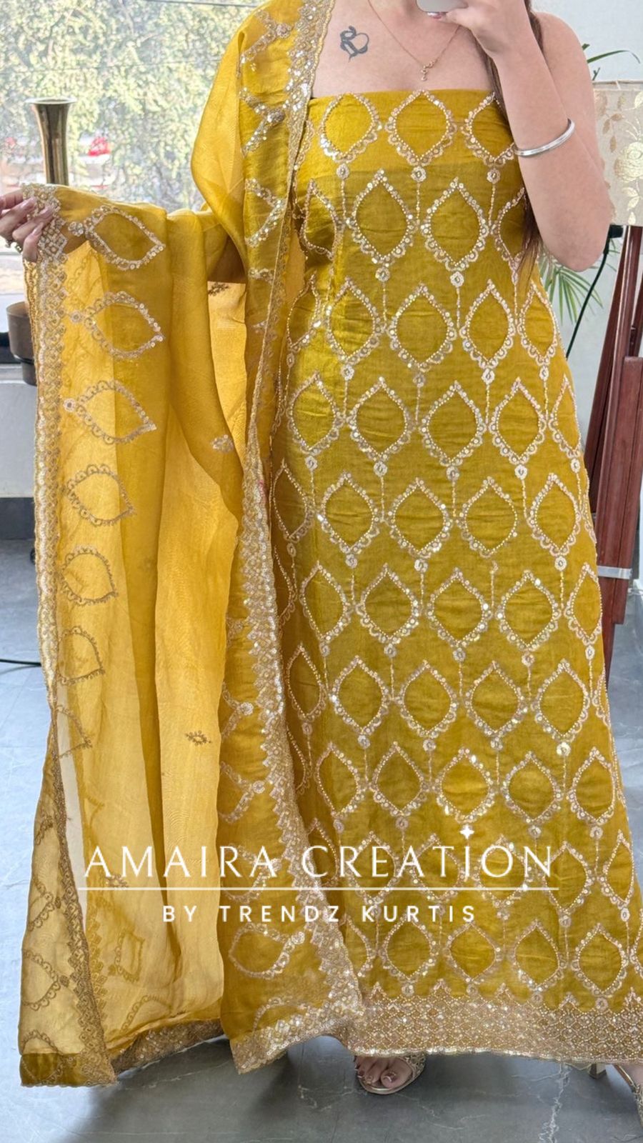 Premium mustard Glass Tissue Full Cut Work Unstitch Suit