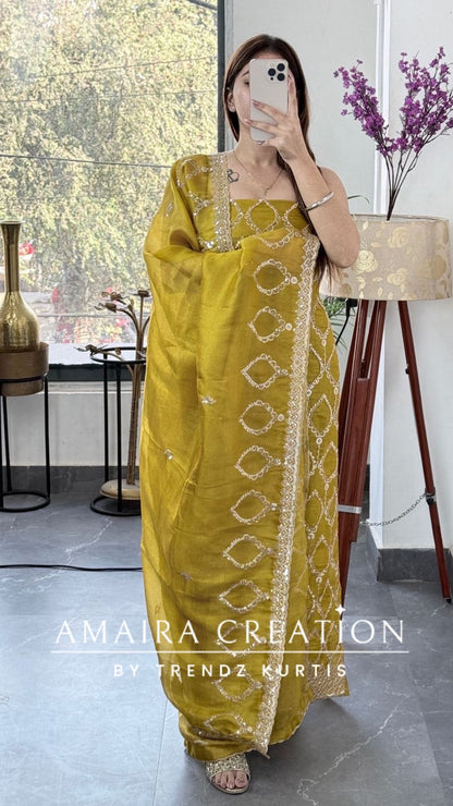 Premium mustard Glass Tissue Full Cut Work Unstitch Suit