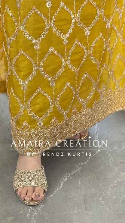 Premium mustard Glass Tissue Full Cut Work Unstitch Suit