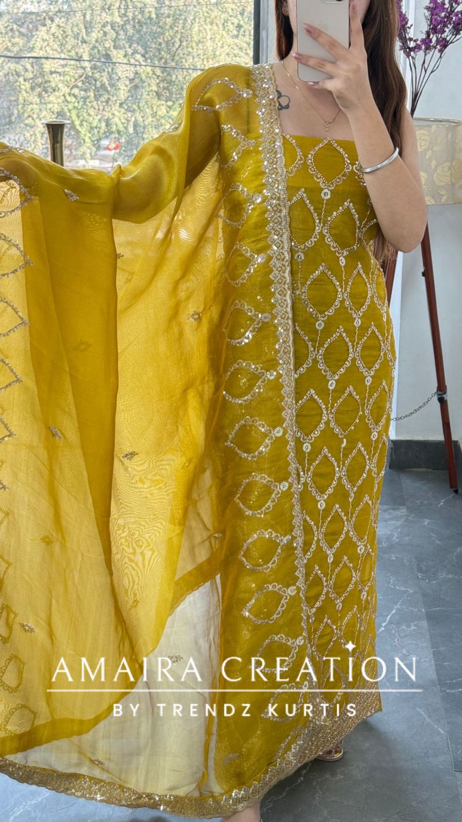 Premium mustard Glass Tissue Full Cut Work Unstitch Suit