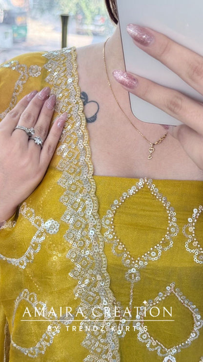 Premium mustard Glass Tissue Full Cut Work Unstitch Suit