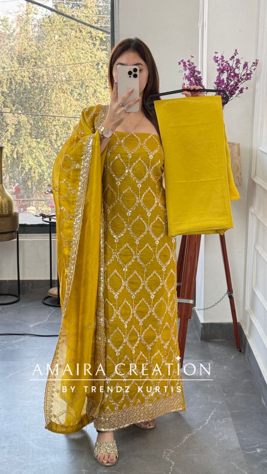 Premium mustard Glass Tissue Full Cut Work Unstitch Suit